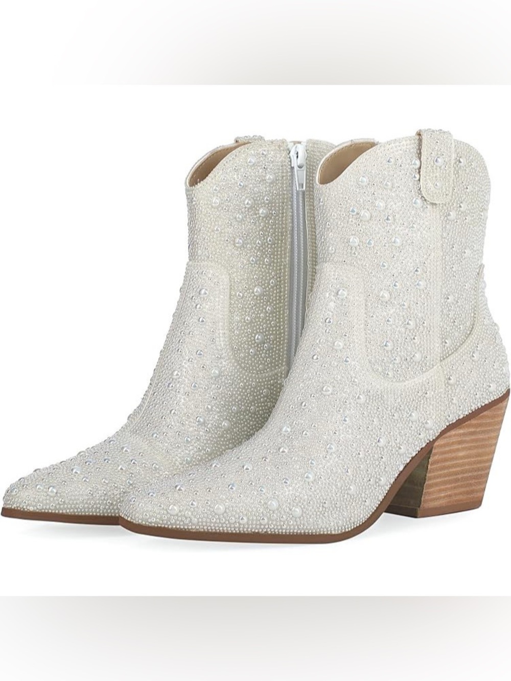 Embellished Cream Pearl Western Ankle Boots - Size 6